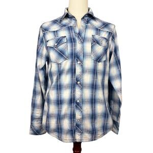 Various Artists Slim Fit Plaid Western Snap Shirt Blue White Mens M